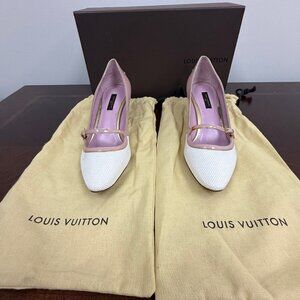 Louis Vuitton Purple Patent & Cream Canvas Heels